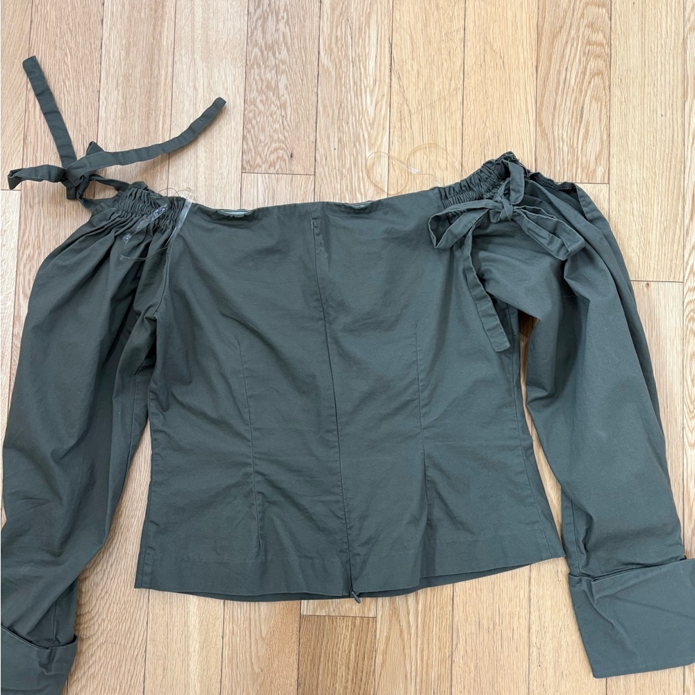 DO+BE Moss Green Off-the-Shoulder Puff Sleeve Tie-Strap Blouse (Size M) - Picture 4 of 5